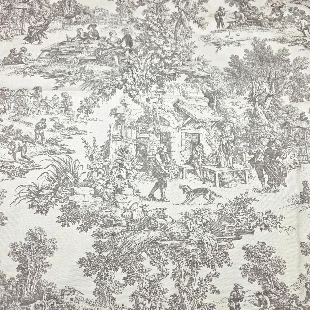 Vintage French Country Toile Curtains Set 2 Cotton Pastoral Scene Cream Grey